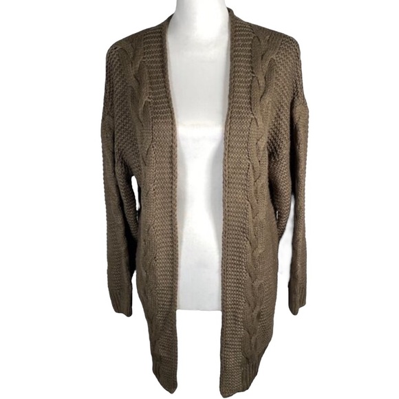 Olive Green Shawl Neck Open Front Waffle Cable Knit 3/4 Sleeve Cardigan L - Picture 1 of 11